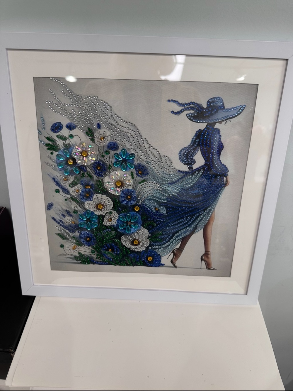 Framed Blue Floral Woman Wall Art with Embellished Accents hand made